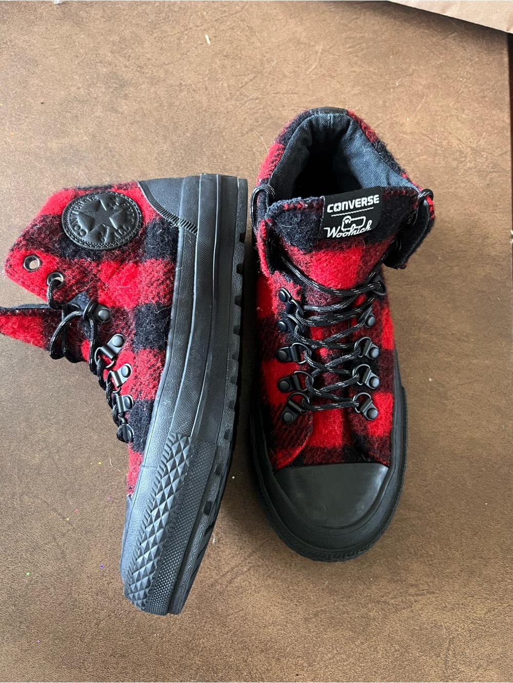 Converse Red and Black Plaid Woolrich High-Top Sneakers